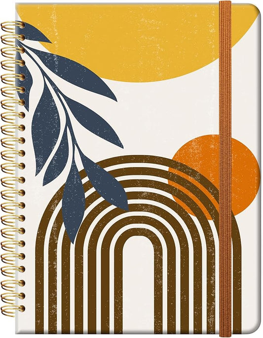 Ruled Spiral Writing Notebook,A5 Hardcover Lined College Journal for Women Lady,Fashion Puppy Watercolor Strong Twin-Wire Binding with Premium Paper,8.4" X 6",Perfect for School,Office,Home Gifts(Abstract Boho Sun Moon Leaves)-DeskLoop Office