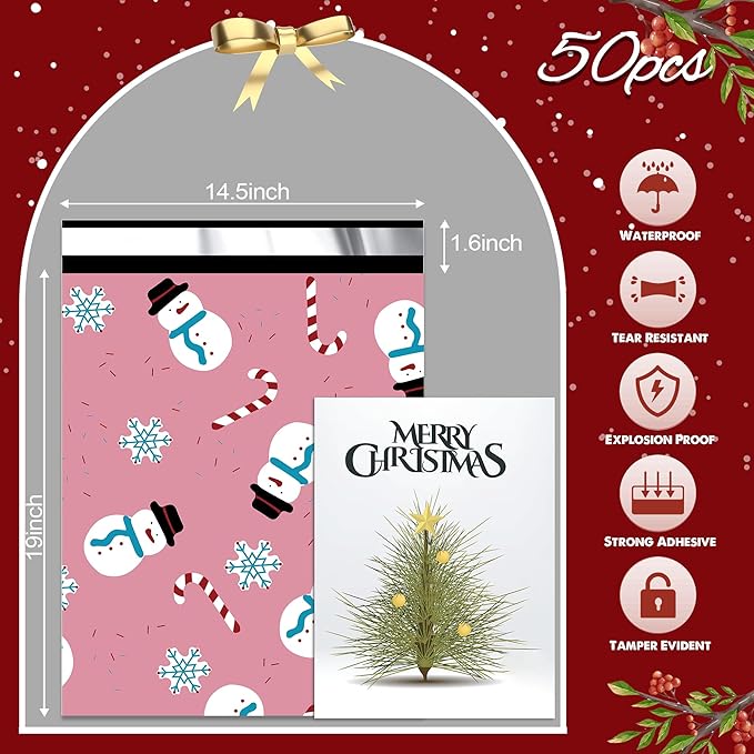 Christmas Poly Mailer 14.5x19 Inch 50 Pcs, Waterproof Shipping Bags for Clothing, Tear-Resistant Mailier Bags, Strong Mailing Bags with Self-Seal - Snowmen Printed-DeskLoop Office