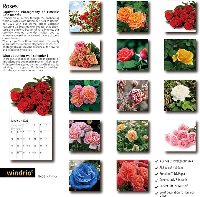 2025 Wall Calendar,Calendar 2025, January 2025 - December 2025, Wall Calendar Roses, 12" x 24" Opened,Full Page Months Thick & Sturdy Paper for Calendar Organizing & Planning-DeskLoop Office