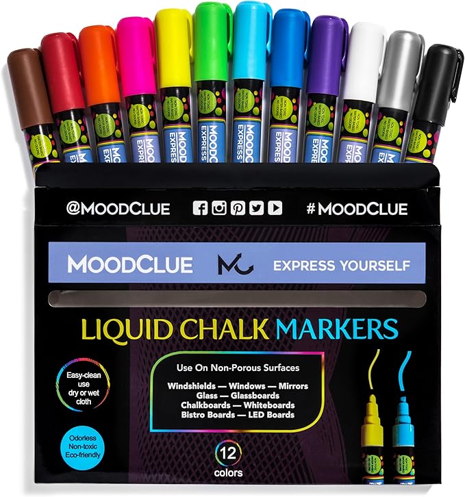 Liquid chalk markers 12 neon erasable Whiteboards, glass boards, chalkboards, windows, mirrors, car windshields, auto, glass. Odorless, non-toxic. Wet or dry erase. Thick and thin tip-DeskLoop Office