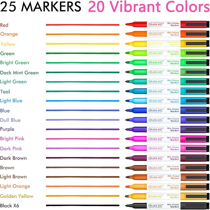 Shuttle Art Dry Erase Markers, 25 Pack 20 Colors Whiteboard Markers,Bundled with 5 Extra Black, Fine Tip Markers for Kids,Perfect for Writing on Dry-Erase Surfaces,School Office Supplies-DeskLoop Office