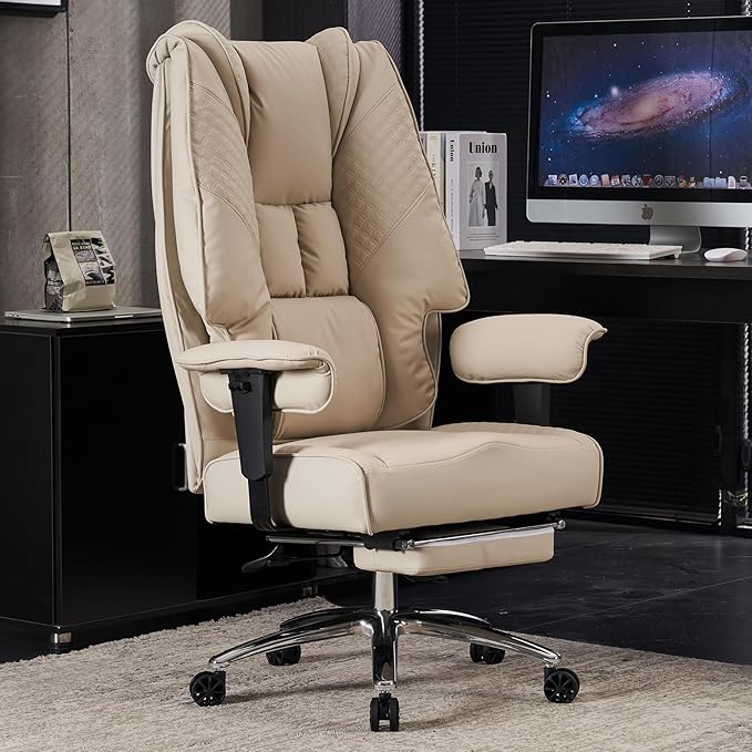 Big and Tall Office Chair 400lbs Wide Seat, Leather High Back Executive Office Chair with Foot Rest, Ergonomic Chairs Lumbar Support for Lower Back Pain Relief (Beige)-DeskLoop Office