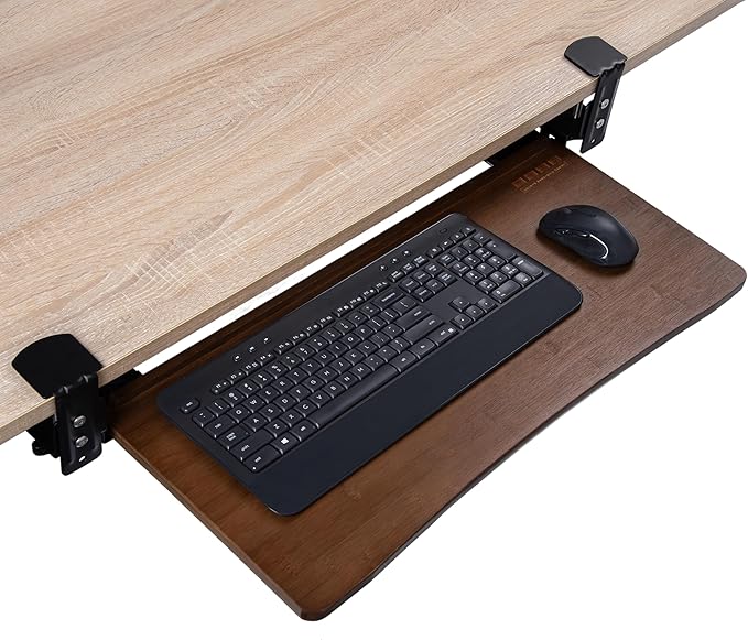 D'vine Dev Under Desk Keyboard Tray with Wrist Rest Bamboo Wood Keyboard Drawer with Full Size Mouse Pad, Walnut Color, KBT-2-DeskLoop Office