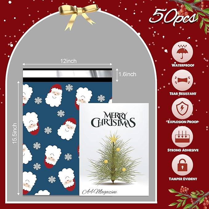 Christmas Poly Mailer - 12x15.5 Inch, 50 Pcs Waterproof Shipping Bags for Clothing, Tear-Resistant, Strong Mailing Bags with Self-Seal - Santa Claus and Snowflakes Printed-DeskLoop Office