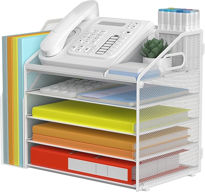 DocNest 5 Tier Paper Letter Tray File Organizer, Mesh Desk File with Handle, Workspace Desk Organizers with Pen Holder, Office Organization Storage Accessories - White-DeskLoop Office