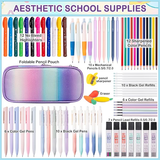 78PCS Mechanical Pencil Set 0.5, 0.7mm, 2.0mm Aesthetic School Supplies With Cute Pencil Case Pouch, 436PCS Lead Refills, 16 Gel Pens, 12 NO Bleed Highlighters-DeskLoop Office