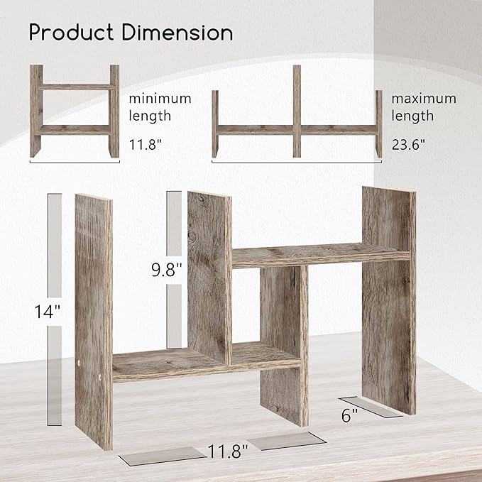 Jerry & Maggie Desktop Organizer Office Storage Rack Adjustable Wood Display Shelf Free Style Double H, Multi-Functional Mini Bookshelf for Desk Natural Stand (Gray Oak)-DeskLoop Office