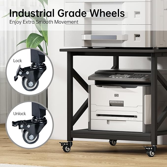 2 Tier Large Printer Stand, 23.6 x 23.6 x 22.6 Inches Square Printer Table with Storage Shelf, Rolling Printer Cart with Industrial Wheels for Home Office, Mini Fridge Stand Table - Black-DeskLoop Office