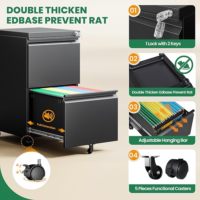 2 Drawer Metal File Cabinet with Lock, Rolling File Cabinets with Lock for A4/Legal/Letter Size, Under Desk Filing Cabinet for Home Office Assembly Required(Black)-DeskLoop Office