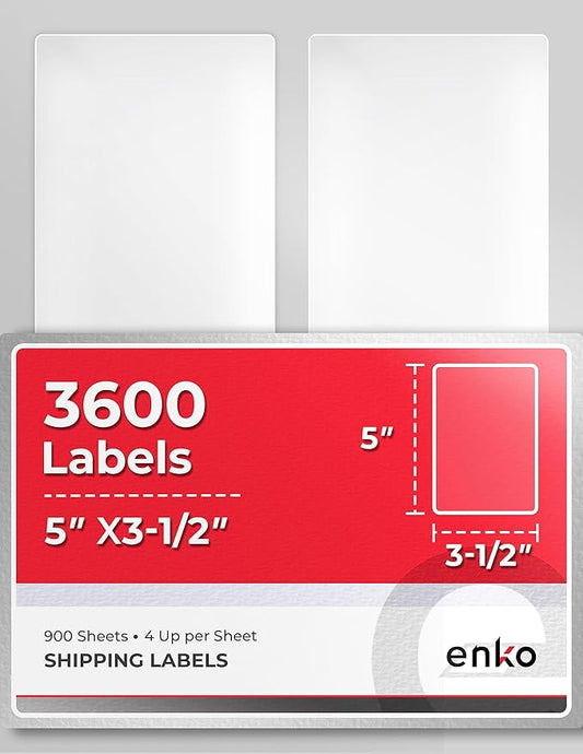 enKo - 3-1/2 x 5 Inch Label - White Blank - 4 Up Per Sheet Shipping Address Mailing Labels for Laser Inkjet Printer (900 Sheets, 3600 Labels)-DeskLoop Office