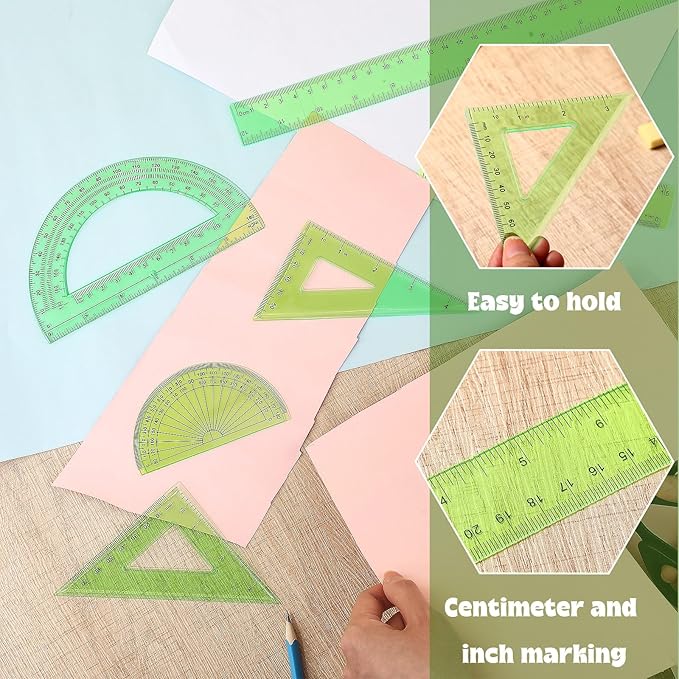 Tenare 1 Set Plastic Clear Math Set Includes Protractor Triangle Rulers 12 Inch 6 Inch Straight Geometry Math Transparent Ruler Measuring Tool for School Office Home Supplies (Green)-DeskLoop Office