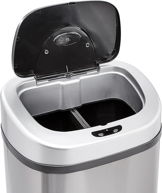 Amazon Basics Automatic Trash Can with Lid, Hands-Free, Stainless Steel, D-Shaped 80 l, 2 Bins-DeskLoop Office