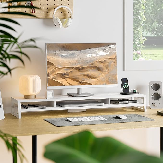 Fenge Dual Monitor Stand for Desk, 42.5in Large Monitor Riser for 2 Monitors, 2 Tier Computer Office Desk Top Shelf, Desktop Storage Stand for Laptop, PC, Computer, Printer-DeskLoop Office