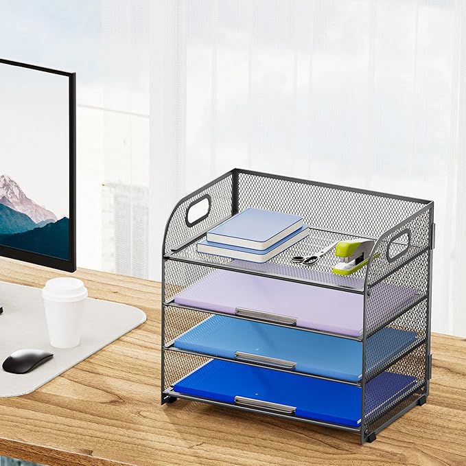 Marbrasse 4 Tier Paper Organizer Letter Tray - Mesh Desk File Organizer with Handle, Paper Sorter Organizer for Letter Office File Folder Holder (Grey, 12.6" x 9.1" x 10.7")-DeskLoop Office
