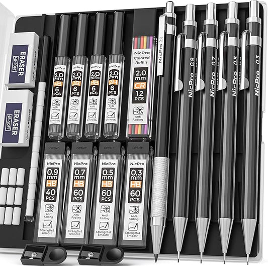Nicpro Black Art Mechanical Pencil Set in Case, Metal Drafting Pencils 0.3, 0.5, 0.7, 0.9 & 2mm Graphite Holders (2H HB 2B 4B Colored Lead) for Sketching Drawing with 9 Lead Refills, 2 Erasers-DeskLoop Office