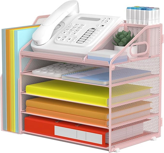 DocNest 5 Tier Paper Letter Tray File Organizer, Mesh Desk File with Handle, Workspace Desk Organizers with Pen Holder, Office Organization Storage Accessories - Pink-DeskLoop Office