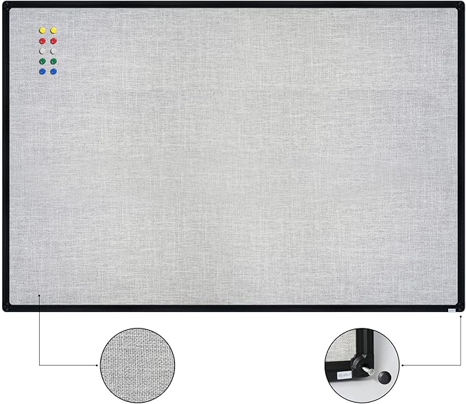 JILoffice Cork Linen Bulletin Board 36 X 24 Inch (Grey), Black Aluminum Frame Wall Mounted Board Memo Pin Board for Office Home and School-DeskLoop Office