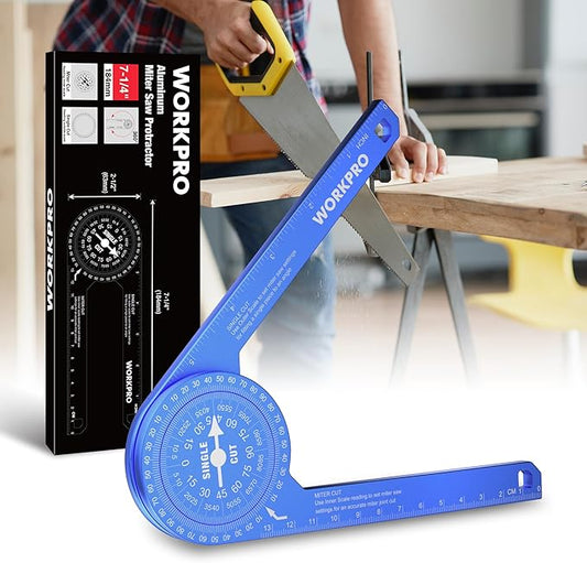WORKPRO Aluminum Miter Saw Protractor, 7.3 Inch Angle Finder Featuring Precision Laser Engraved Scales for Inside and Outside Corner, Carpenters, Plumbers and All Building Trades, 360° Rotation, Blue-DeskLoop Office