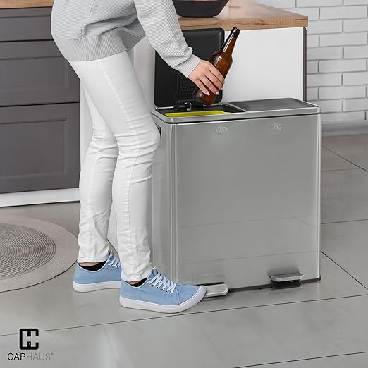 CAPHAUS Dual Trash Can with Double Lid, Trash and Recycle Bins Combo, Hands-free Stainless-Steel Garbage Can for Kitchen, with 2 Compartment, Hinged Lid, Odor Filters, Handles, 25L+25L, 2 x 6.6 Gallon-DeskLoop Office