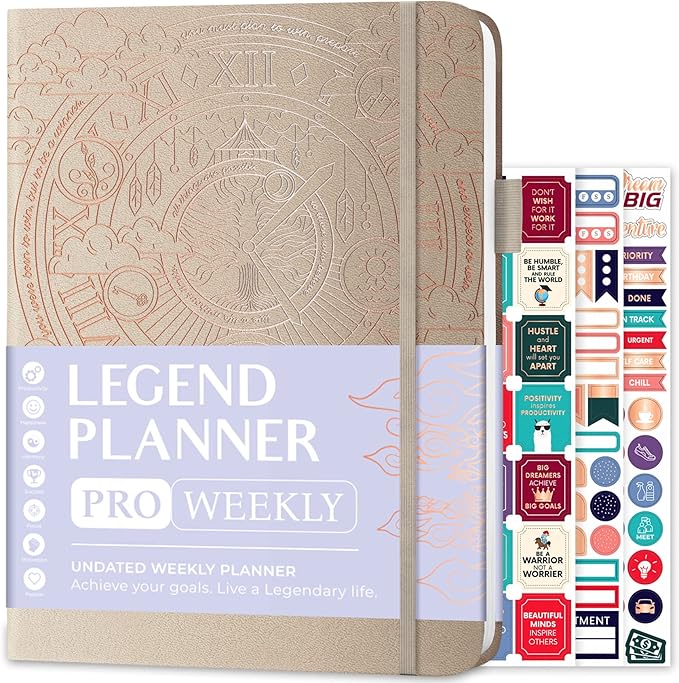 Legend Planner PRO – Deluxe Weekly & Monthly Life Planner to Increase Productivity and Hit Your Goals. Time Management Organizer Notebook – Undated – 7 x 10" Hardcover + Stickers – Seashell-DeskLoop Office