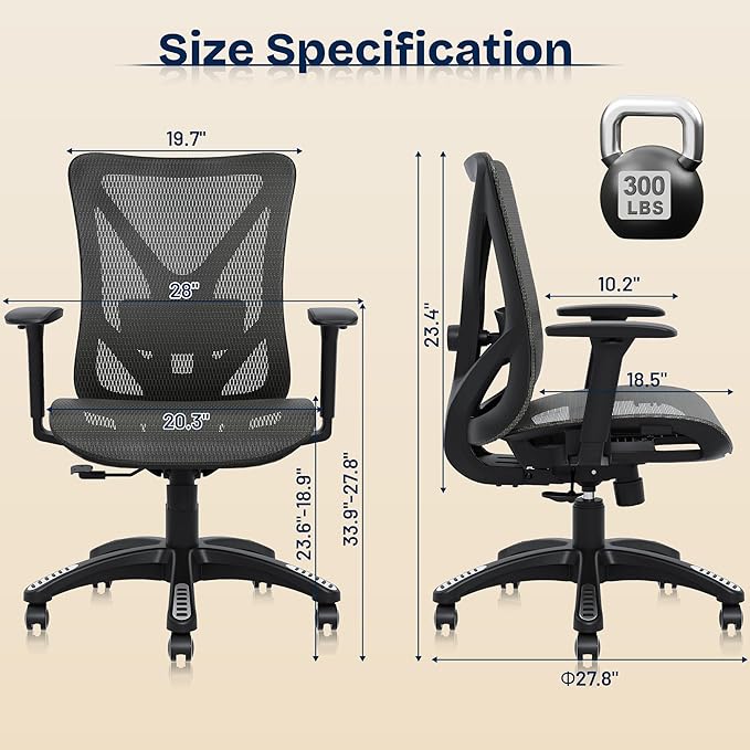 Ergonomic Office Chair, Mesh Computer Desk Chairs with Adjustable Lumbar Support, 3D Armrests, Tilt Function, Comfy Wide Seat, Swivel Executive Work Task Chair for Company and Home-DeskLoop Office