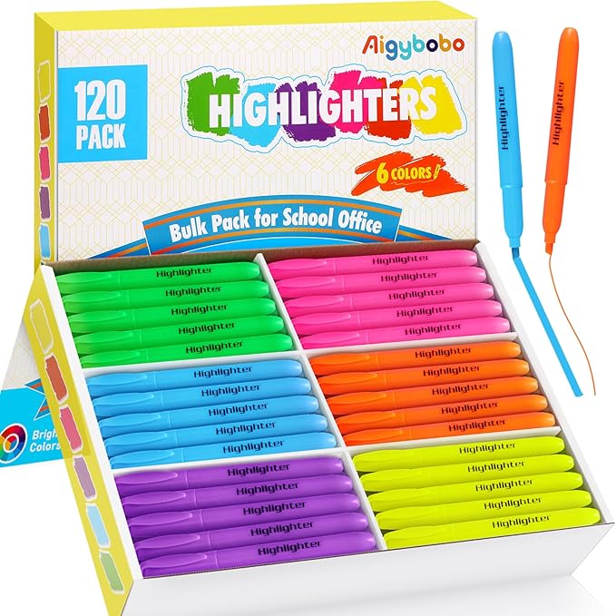 Aigybobo 120 Pack Highlighters in 6 Assorted Colors, Chisel Tip Dry-Quickly Highlighters Bulk, No Bleed Highlighter Markers for Kids Adults, Classroom Teachers Must Haves, School Office Supplies-DeskLoop Office