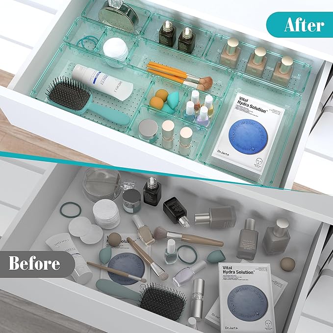 13 PCS Clear Plastic Drawer Organizers Set, 4 Size Desk Drawer Organizer Trays for Makeup, Jewelry, Kitchen Utensils, Gadgets and Office Accessories, Sea Blue