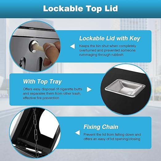 IRONWALLS Commercial Trash Can with Lid, Black Outdoor Garbage Can for Patio, Side Opening Steel Square Commercial Waste Bin, Decorative Trash Container with Removable Inner Bucket for Park, Garden-DeskLoop Office