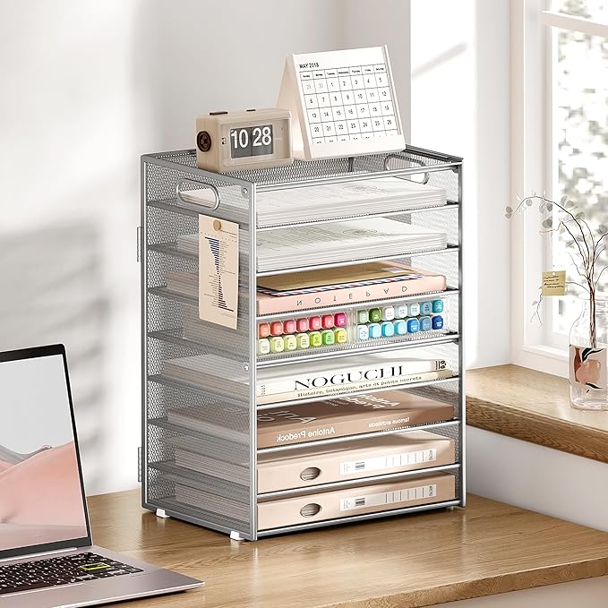 SUBEKYU 9 Tier Paper Organizer for Desk - Metal Mesh Letter Tray File Paper Sorter Organizer Include 6 Pcs Adjustable Height Slid Tray with Handles for Office School Home Organization Storage, Silver-DeskLoop Office