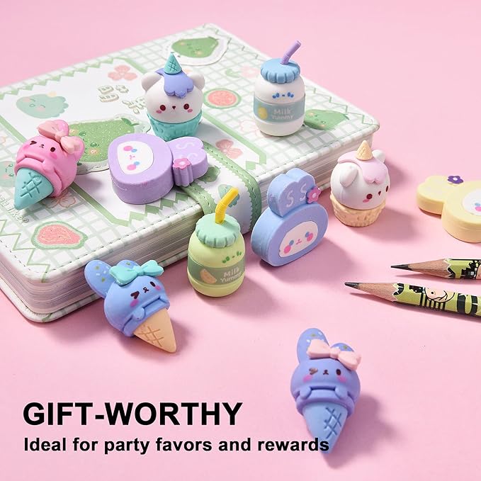 16Pcs Cute Ice Cream Shaped Erasers for Kids, Fun Food Eraser for School Classroom Rewards Party Favors-DeskLoop Office
