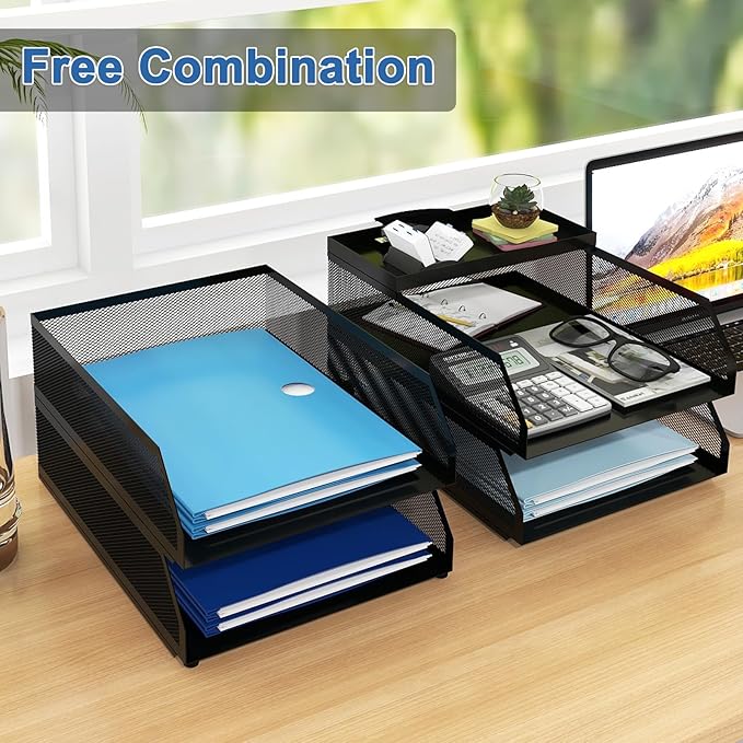 Natwind 4-Tier Stackable Paper Tray, Metal Mesh Desktop Organizer, Paper Sorter, Letter Trays,File Document Storage Rack for for Home, Office, School (Black)-DeskLoop Office
