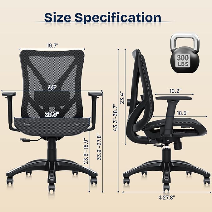 Ergonomic Office Chair, Mesh Computer Desk Chairs with Adjustable Lumbar Support, 3D Armrests, Tilt Function, Comfy Wide Seat, Swivel Executive Work Task Chair for Company and Home-DeskLoop Office