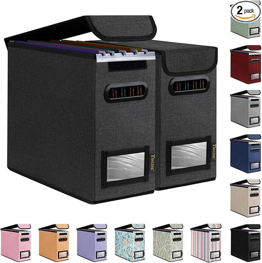 BALEINE File Organizer Box with Lid, Collapsible File Folder Organizer with Plastic Slide, Hanging File Folder Box for Office Document Storage (2 Pack, Black, S)-DeskLoop Office
