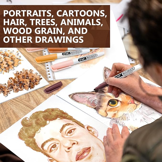 SFAIH 24 Skin Tone Permanent Markers - Assorted Portrait Colors, Fine Point Permanent Markers for Portrait, Figure, Animals, Trees Painting, Coloring Book, Decorate Wood, Quick Drying, Fade Resistant-DeskLoop Office