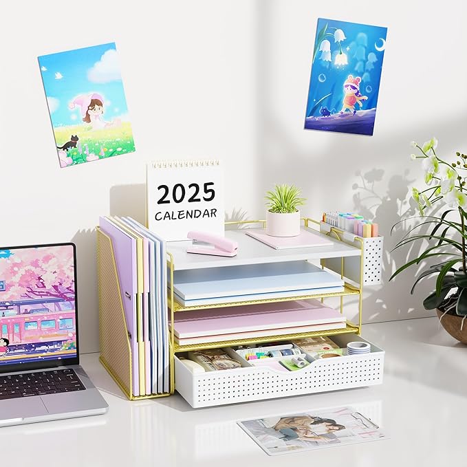 Wood Desk Organizers and Accessories with File Holder, 4-Tier Desk Accessories & Workspace Organizers with Drawer and Pen Holder, Paper Organizer for Office Supplies (Gold)-DeskLoop Office