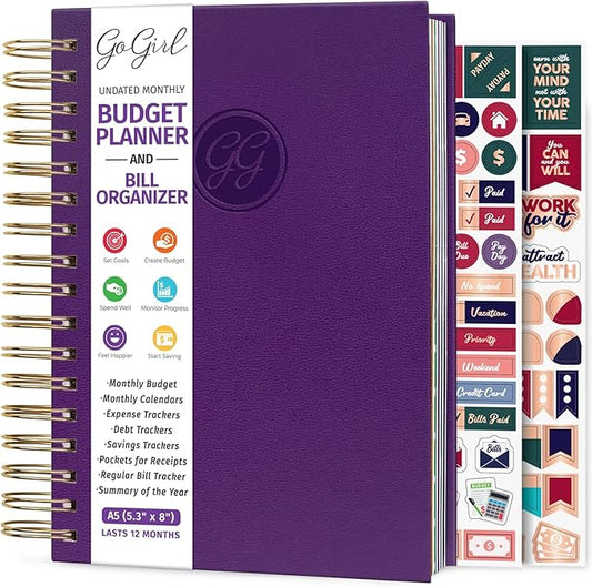 GoGirl Budget Planner & Monthly Bill Organizer – Monthly Financial Book with Pockets. Expense Tracker Notebook Journal, Compact (Purple)-DeskLoop Office