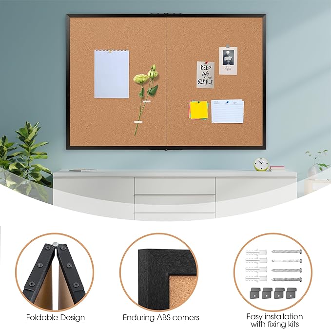 Board2by Extra Large Cork Bulletin Board 60" X 48", Foldable Notice Pin Board for Wall, Black Wood Framed 5'x4' Corkboard, Wall Mounted Noticeboard with 32 Push Pins for School, Home & Office-DeskLoop Office