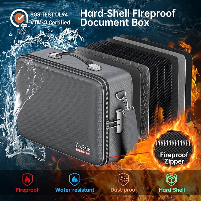 DocSafe Fireproof Document Box with Lock&Shoulder Strap,Hard Case File Organizer with Accordion File Folder,Multi-Layer Portable Home Office Travel Safe Storage for Important Documents Laptop Gray-DeskLoop Office