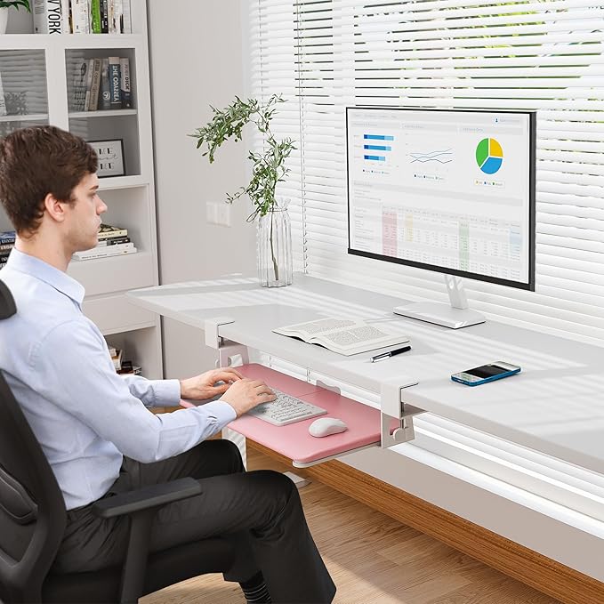 BONTEC KMT01 Under Desk Keyboard Tray, Pull-Out Keyboard & Mouse Platform with C-Clamp, 25.6 x 11.8 in Space-Saving Ergonomic Slide-Out Drawer, Pink-DeskLoop Office