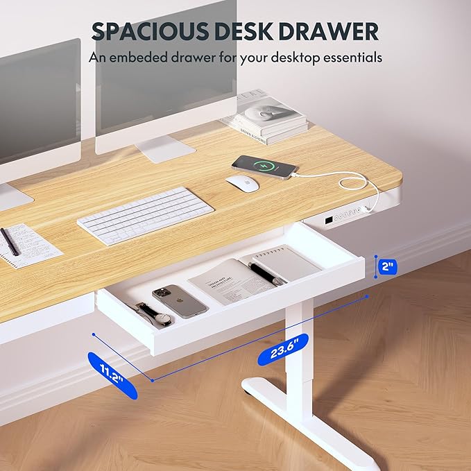 FLEXISPOT 55" Electric Standing Desk with Drawers, Quick Assembly Home Office Sit Stand Desk with Storage, USB Charging, Computer Desk for Home Office (Maple Top + White Adjustable Frame, Comhar)-DeskLoop Office