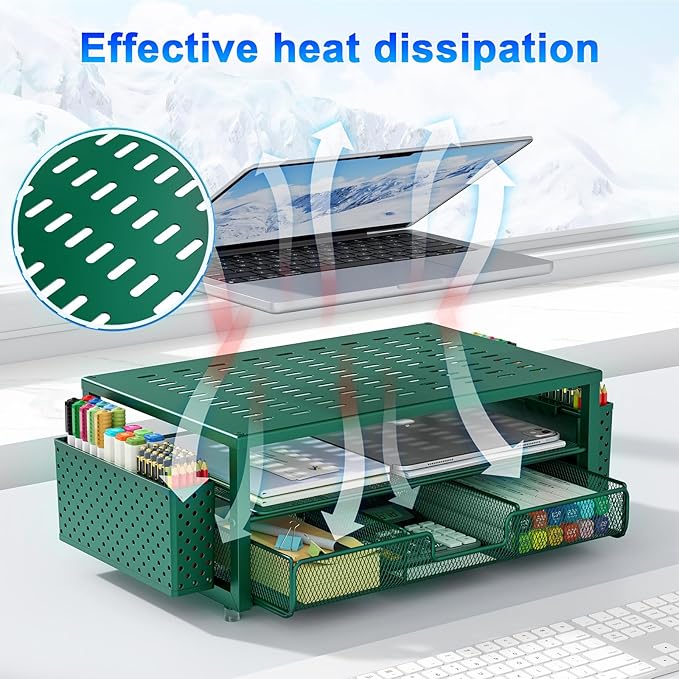 gianotter Desk Organizers and Accessories, Monitor Stand with Drawer and 2 Pen Holder, Desktop Organizer Suitable for Offices and Dormitories (Green)-DeskLoop Office