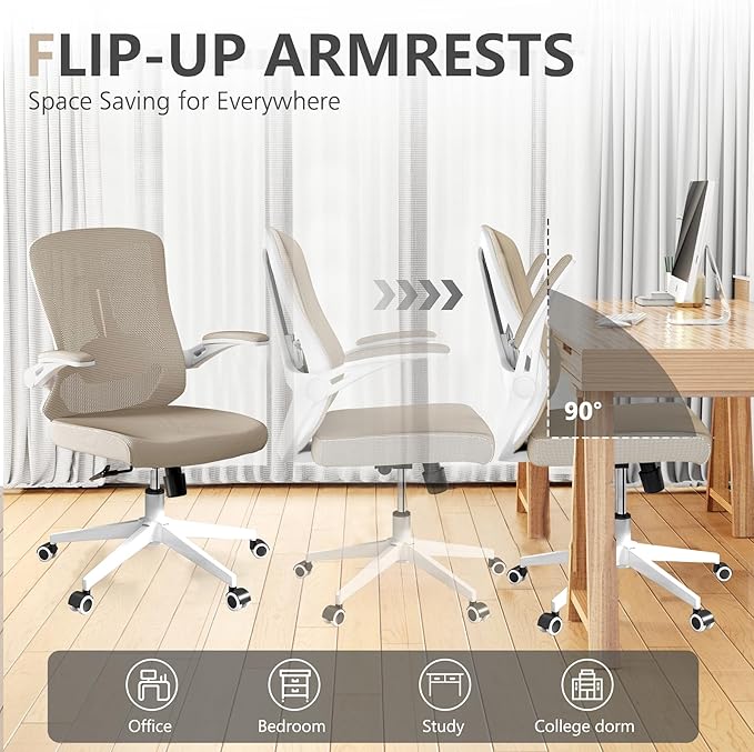 Office Chair, Ergonomic High Back Comfy Desk Chairs and Flip-up Armrest Lumbar, Swivel Tilt Function Backrest Computer Chair,PU Rolling Wheels Capacity 350LBS (Khaki)-DeskLoop Office