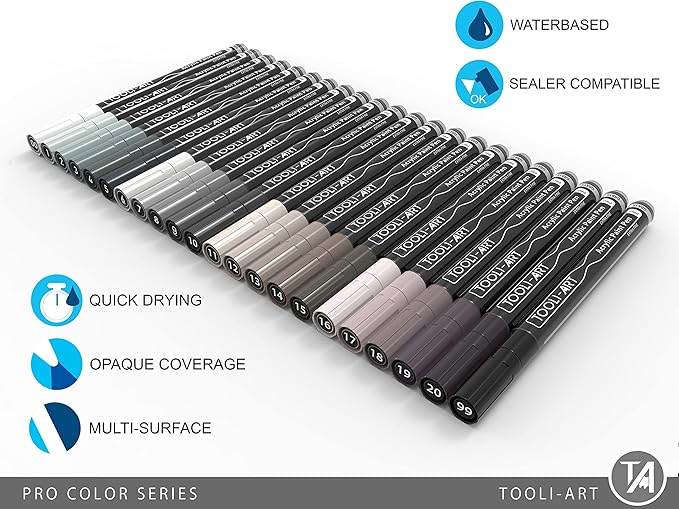 Acrylic Paint Pens 22 Gray Tones Assorted Pro Color Series Markers Set 0.7mm Extra Fine Tip for Rock Painting, Glass, Mugs, Wood, Metal, Canvas, Projects, Non Toxic, Waterbased, Quick Drying-DeskLoop Office