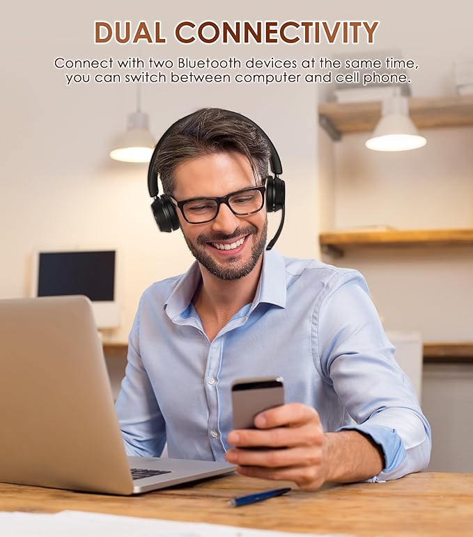 (Upgraded Version) Wireless Headset, Bluetooth Headset with Noise Cancelling Microphone, Best Headphones with Mic Mute & USB Dongle for PC/Computer/Laptop/Cell Phones/Remote Work/Call Center-DeskLoop Office
