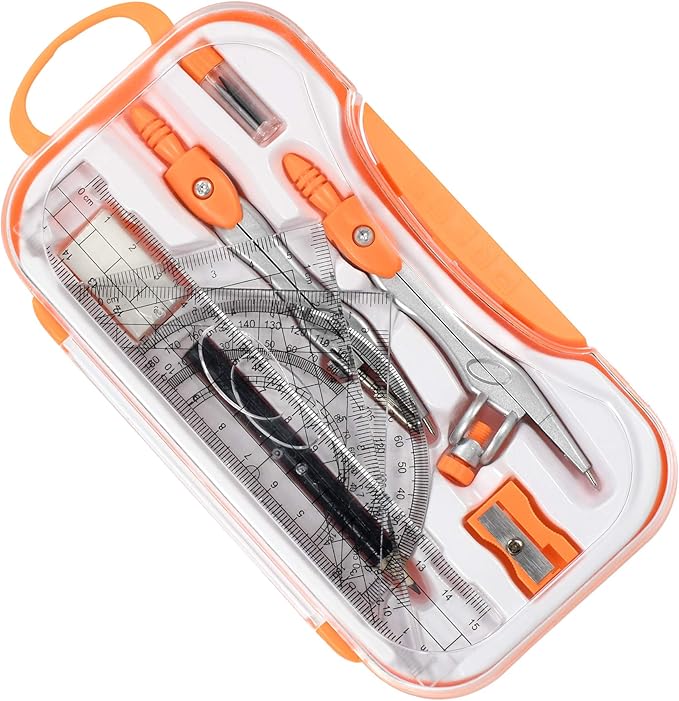 10 Pieces Math Geometry Kit Set Student Supplies with Shatterproof Storage Box,Includes Rulers,Protractor,Compass,Eraser,Pencil Sharpener,Lead Refills,Pencil,for School and Drawings(Orange)-DeskLoop Office