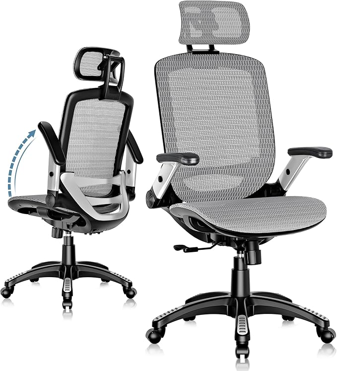 GABRYLLY Ergonomic Office Chair, High Back Home Desk Chair with Headrest, Flip-Up Arms, 90-120° Tilt Lock and Wide Cushion, Big and Tall Mesh Chairs for Man Woman, Grey Task Chair-DeskLoop Office