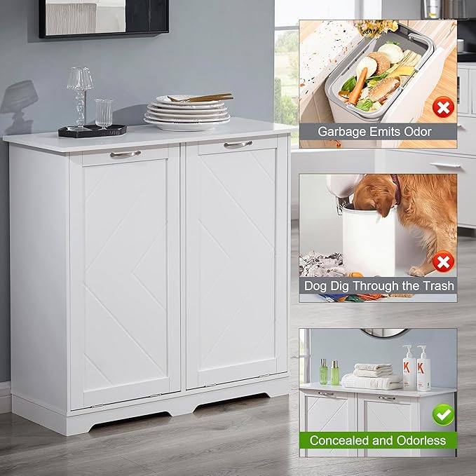 VECELO Double Tilt Out Kitchen Trash Bin Cabinet Dog Proof Garbage Can with Wood Holder Free Standing Recycling, White-DeskLoop Office