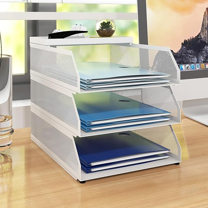 Natwind 3-Tier Stackable Paper Tray, Metal Mesh Desktop Organizer, Paper Sorter, Letter Trays,File Document Storage Rack for for Home, Office, School (White)-DeskLoop Office