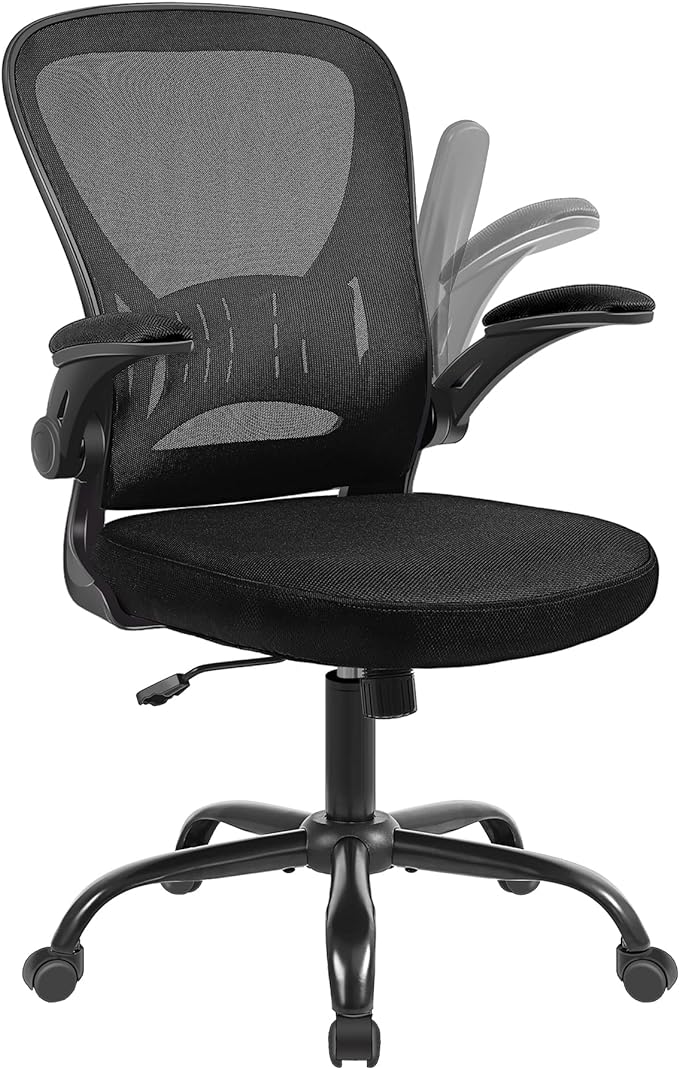 Mesh Office Chair, Ergonomic Home Office Desk Chairs with Flip-up Arms and Lumbar Support, Height Adjustable, Black-DeskLoop Office