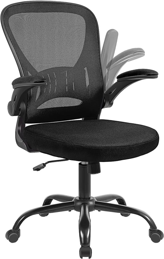 Mesh Office Chair, Ergonomic Home Office Desk Chairs with Flip-up Arms and Lumbar Support, Height Adjustable, Black-DeskLoop Office